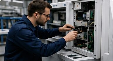 Technician working on medical equipment