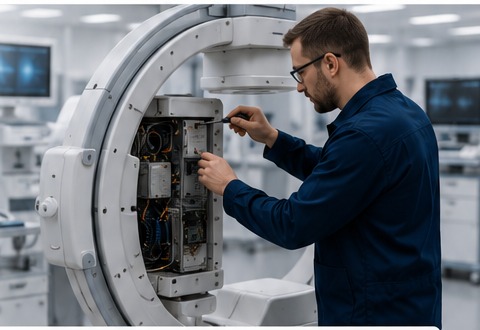 Technician servicing medical equipment